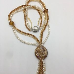 Amber colored bead and pearl necklace